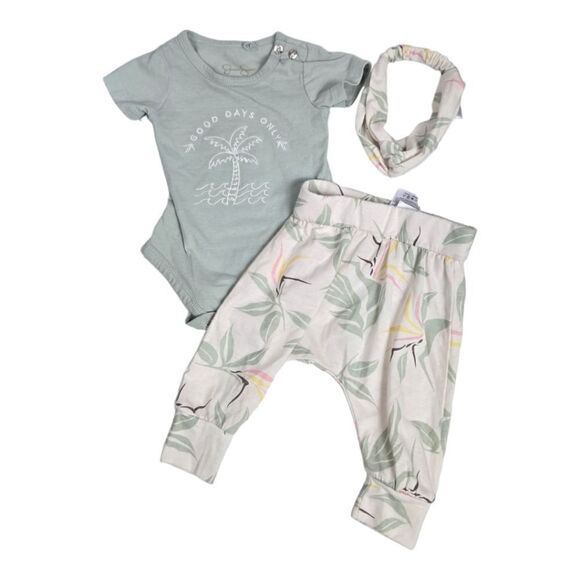 Jessica Simpson Baby Girl 3pc Green Pants Set Onesie Bodysuit Headband Playwear - Picture 9 of 9